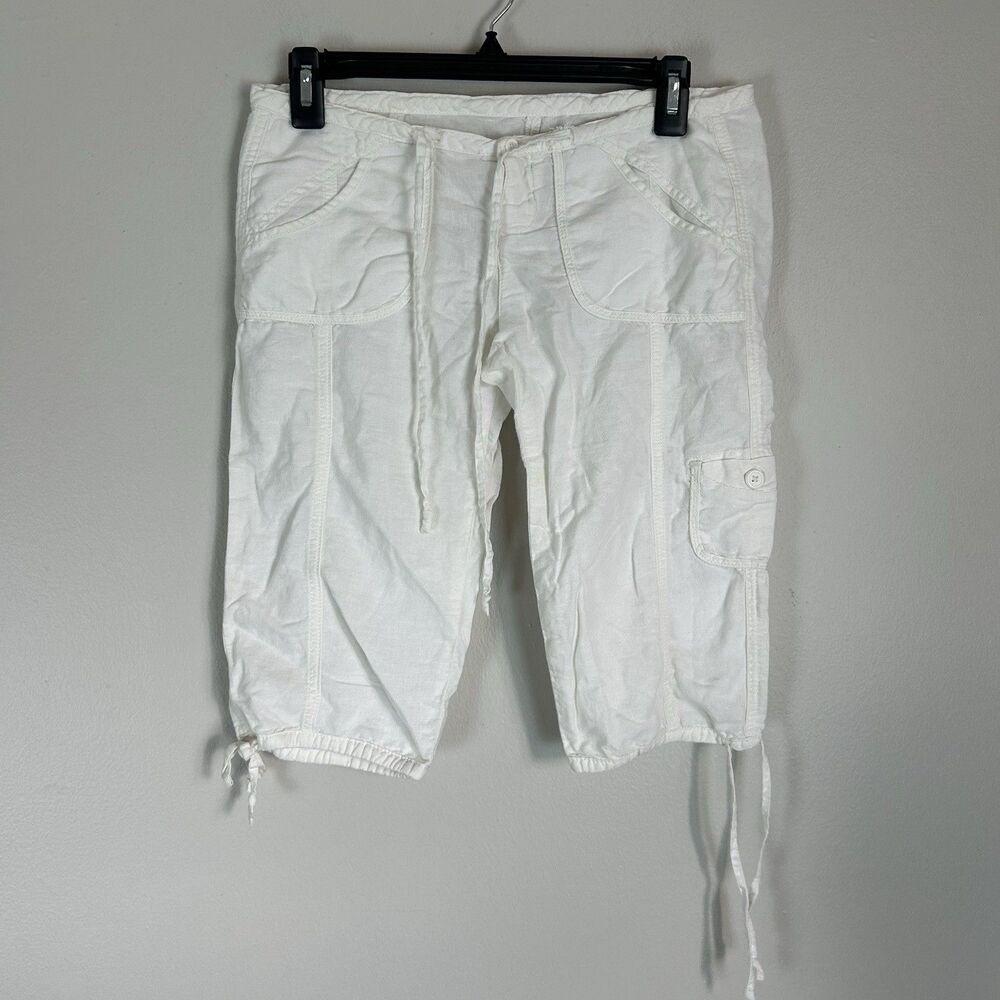 Vintage Y2K Hollister Womens S White Babydoll Tie Cuff Capris Pants Linen Blend
